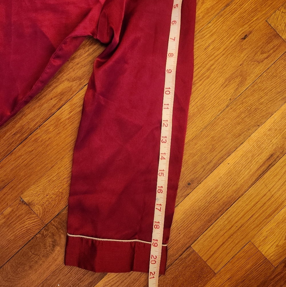 Burgundy Red Satin Long Sleeve Two Piece Pajama Pant Set w/White Trim Size M - Picture 9 of 13